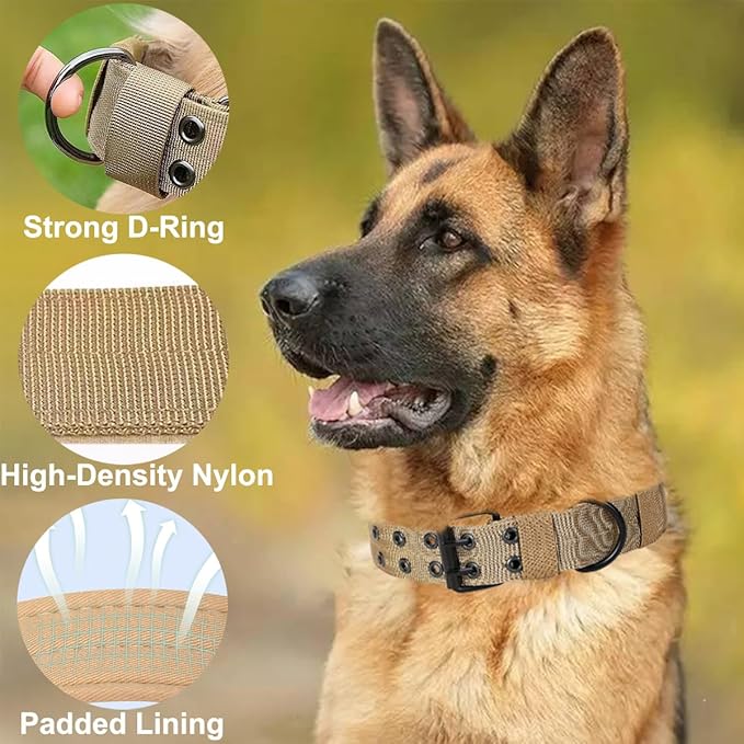 JSXD Tactical Dog Collar,Military Grade Nylon with Soft Padded Lining,1.5 inch Wide,Metal Buckle with 5 Adjustable Points,Heavy Duty Dog Collar for Medium Large Dogs (Khaki, X-Large)