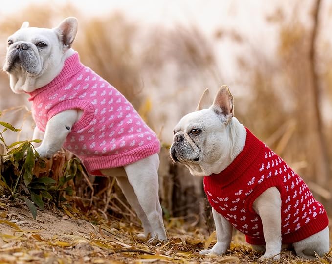 2 Pack Dog Sweater Winter Warm Clothes - Heart Soft Puppy Medium Thickening Turtleneck Sweatshirt for Chihuahua, Bulldog, Dachshund, Pug, Yorkie (M, Pink, Red)