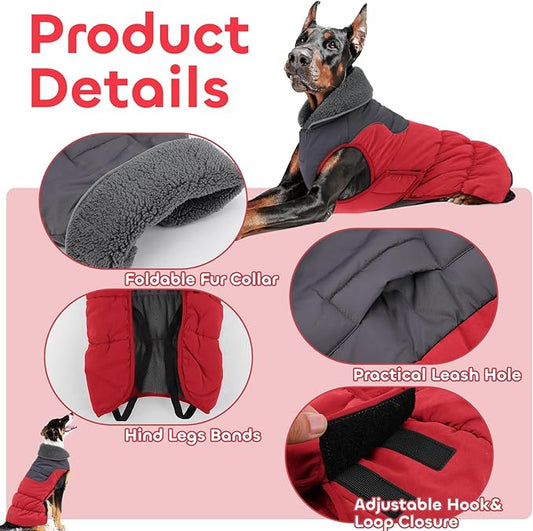 EMUST Dog Coats for Medium Dogs M, Waterproof Dog Jacket with Reflective Strips, Warm Pet Vest Snowsuit with Foldable High Collar for Cold Winter, Red