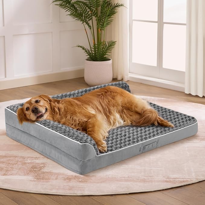 Dog Bed Large Sized Dogs, XL Orthopedic Dog Bed for Large Dogs 42"x30"x7.5", Waterproof Pet Bed with Washable Removable Cover, L-Shaped Pet Couch with Portable Handle, Grey