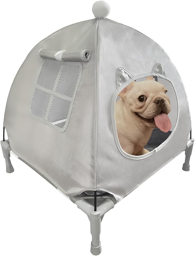 Love&go Elevated Dog Bed with Metal Frame, Cooling Raised Pet Cot for Dog and Cat (Small-18.5x18.5x5.5 inch, S - Grey Bed+Mat+Canopy)