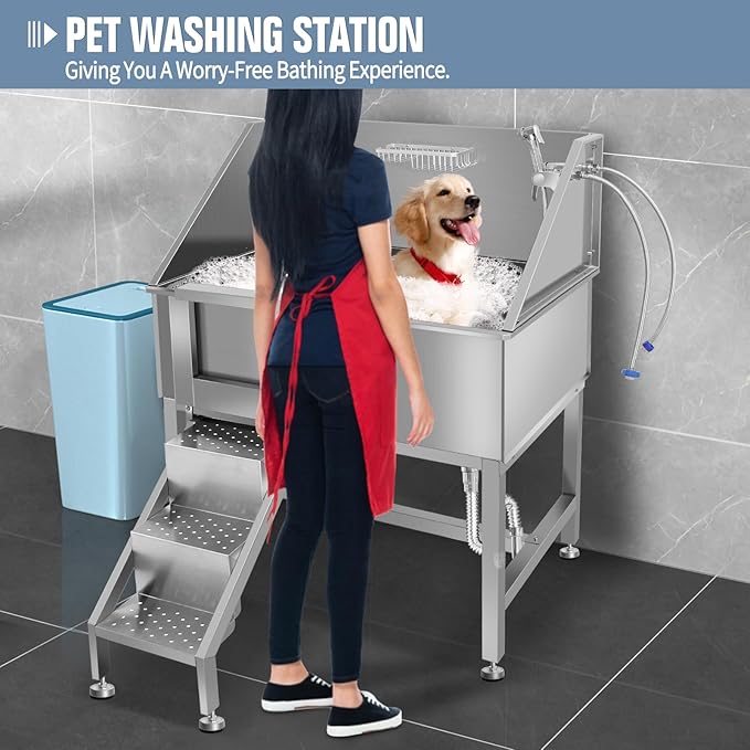 38" Dog Washing Station, Professional Stainless Steel Dog Bathing Station, Equipped with Anti-Slip Ramp, Removable Door, Upgraded Spray Nozzle&Hose - Ideal for Home, Pet Grooming Salon,L-RAMP