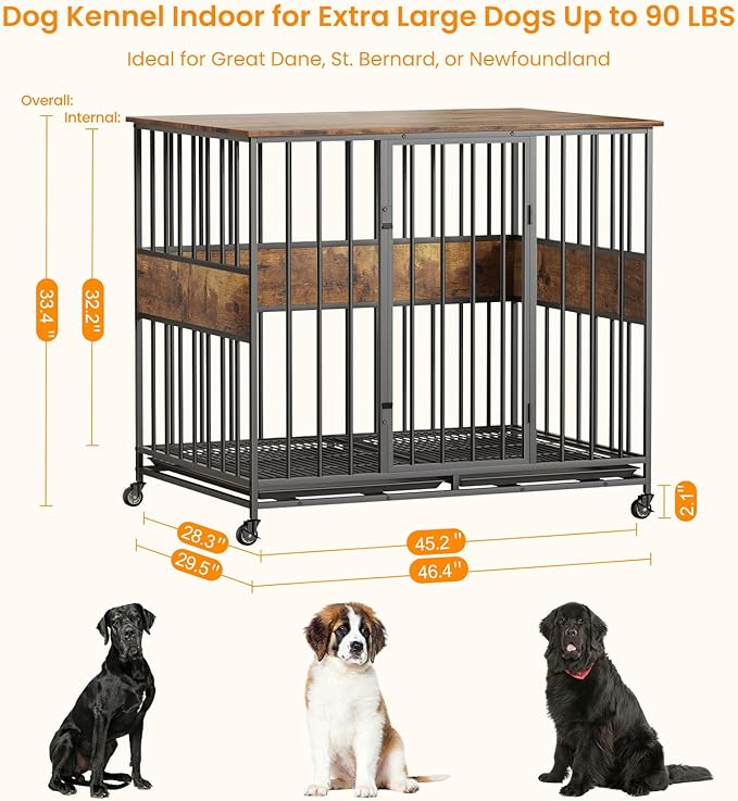 Dog Crate Furniture for Extra Large Dogs, 47 Inch Indoor Kennel, Wooden Pet Cage Decorative Corner End Table with Caster Wheels & Double Removable Tray,Rustic Brown