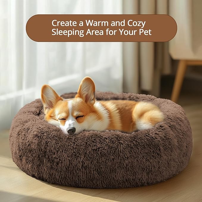 JOLLYVOGUE Small Dog & Cat Beds for Indoor Cats, Donut Cuddler Warming Soft Dog Beds with Anti-Slip Bottom, Round Calming Fluffy Plush Faux Fur Cushion Bed for Medium Dogs (27", Coffee)