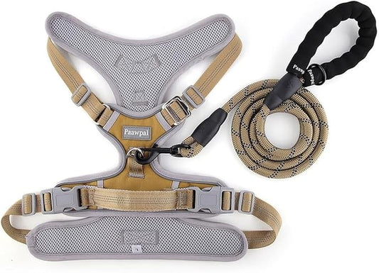 Adjustable Dog Harness - No Pull, Reflective, Soft Padded for Small, Medium, Large Dogs - Includes Leash Beige S