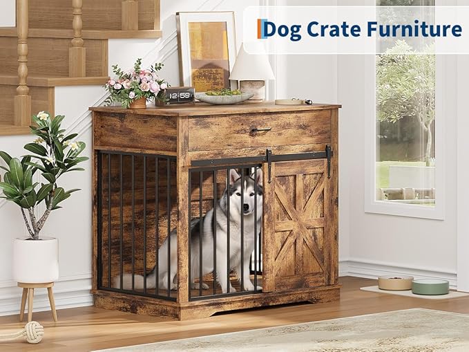 37.8" Dog Crate Furniture for Small Medium Dogs, 2-in-1 Iron-Wood Fusion Dog Cage Indoor As Side End Table, Farmhouse Dogs Kennel with Sliding Barn Doors & Drawer, Brown