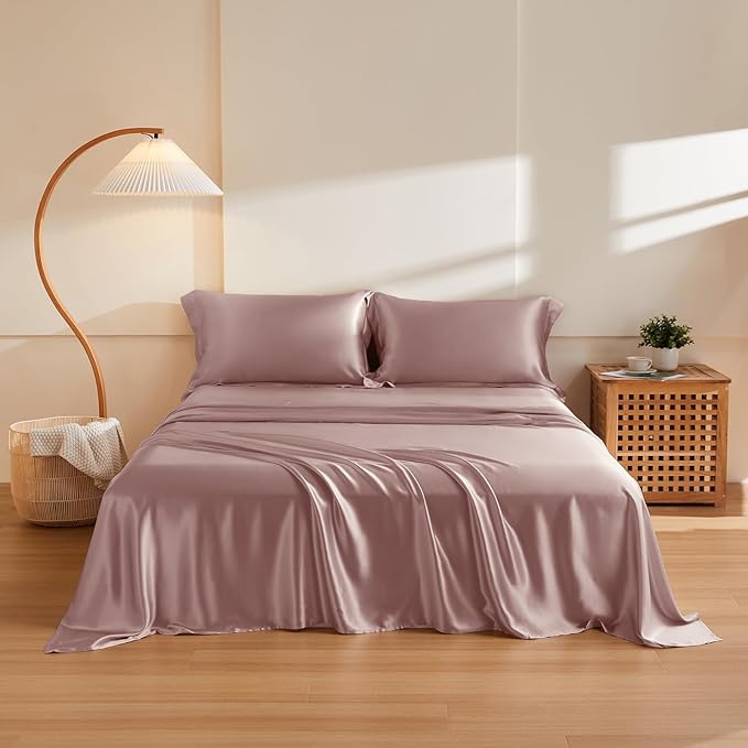 THXSILK Silk Sheet Set 4Pcs, 6A+ Top Grade 100% Natural Mulberry Silk Bed Sheets, Luxury Bedding Sets Ultra Soft Durable, 1 Fitted Sheet, 1 Flat Sheet and 2 Pillow Shams (Cal. King, Purple)