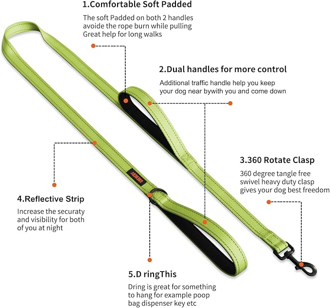 Dog Leash, Heavy Duty Dog Leash, Leashes for Large Breed Dogs, Double Handle Dog Leash, Reflective Training Lead, Perfect for Medium to Large Dogs(6FTlight Green)