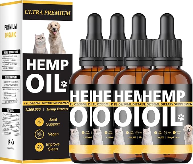 4 Pack Hemp Oil for Dogs & Cats, Hemp Oil Helps with Anxiety Stress, Pain, Sleep, Arthritis, Seizures Relief, Calming Drops for Pet, Hemp Seed Oil, CBD-Free
