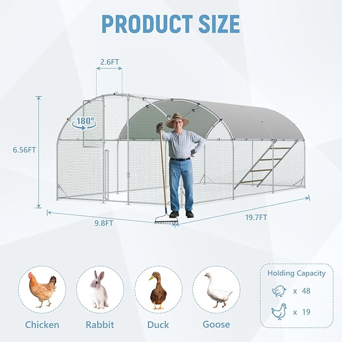 Large Chicken Coop,10x20x6.5FT Metal Chicken Run for Yard with Feeding Door, Round Top Walk-in Chicken Pen,Outdoor Poultry Cage with Anti-UV Cover,Rabbit Duck House