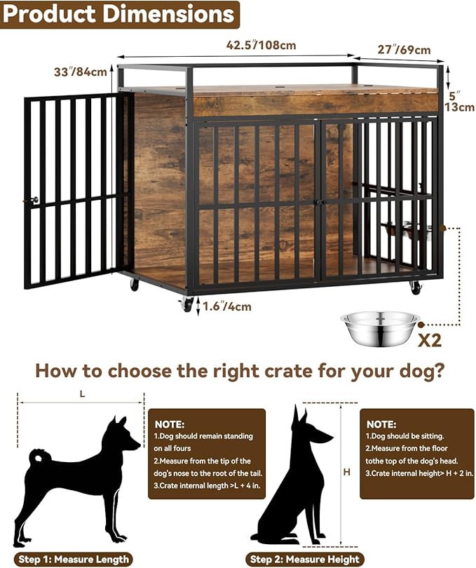 45 Inch Dog Crate Furniture, Heavy Duty Dog Kennel with 3 Doors, 2 Adjustable Bowls and Lockable Wheels, Wooden Dog House for Large Dogs, End Table Dog Cage, Rustic Brown