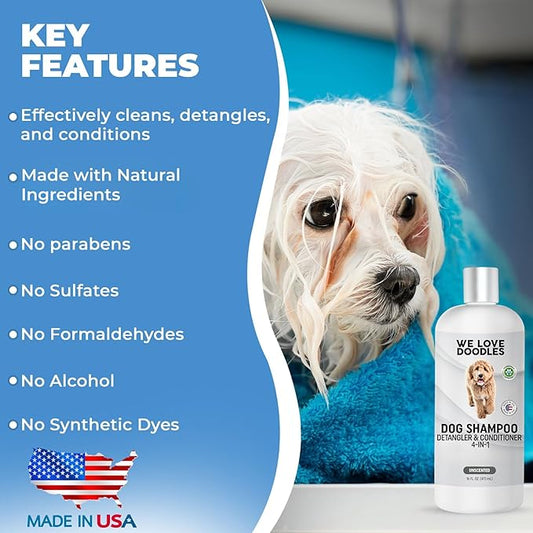 Dog Shampoo, Conditioner & Detangler - Best Shampoo for Goldendoodles, Poodles & Doodles - for Matted Pet Hair - Sensitive Skin Shampoo for Puppies - Made in The USA, 16OZ (Unscented)