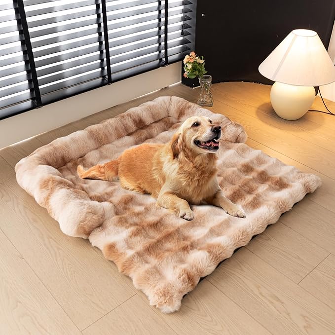LiveGo Fuzzy Calming Dog Sofa Bed Mat, Washable Plush Couch Cover for Pets, Furniture Protector with Anti-Slip Bottom (Tie-dye Brown, 35.4"*35.4")