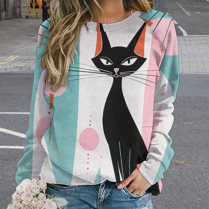 Biacolum Long Sleeve Shirts for Women Mid Century Retro Style Atomic Cat 3D Graphic Sweatshirts Fall Crewneck Pullover Top