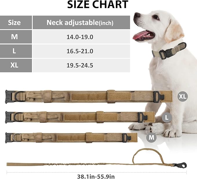 Tactical Dog Collar and Leash Set Heavy Duty Military Dog Collar with Handle and Metal Buckle for Medium and Large Dogs (Brown, L)