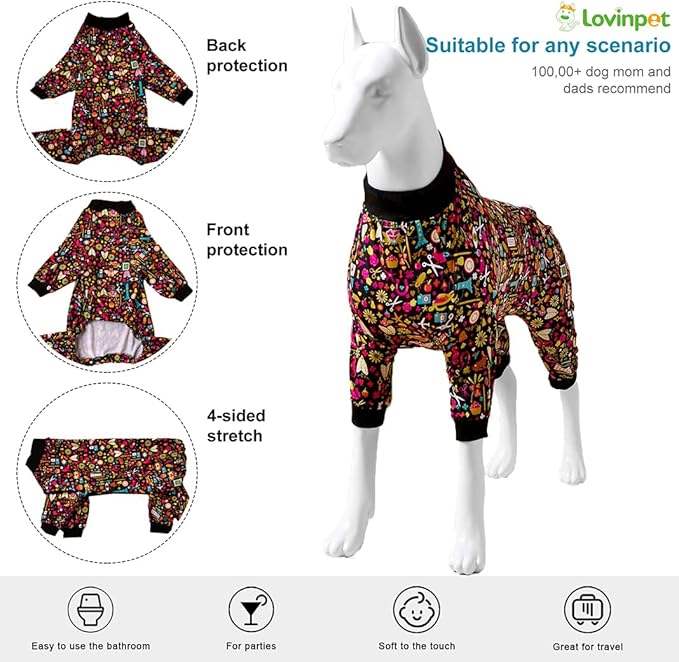 LovinPet Pet Pajamas for Pit Bulls, Full Coverage Dog Pjs with Black Trim, Decoupage Ink Print, Post Surgery Shirt, UV Protection, Pet Anxiety Relief Shirt, Large Dog Jammies, Pitbull Clothes, M