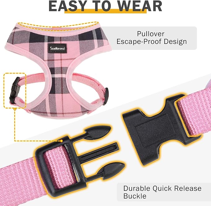 SCENEREAL Puppy Dog Harness with Leash Set for Small Medium Sized Dogs, Soft Mesh Step in Pet Harnesses and Leash, No Chock Plaid Adjustable No Pull Vest for Dogs Cats, Chihuahua,Bulldog (Pink XS)