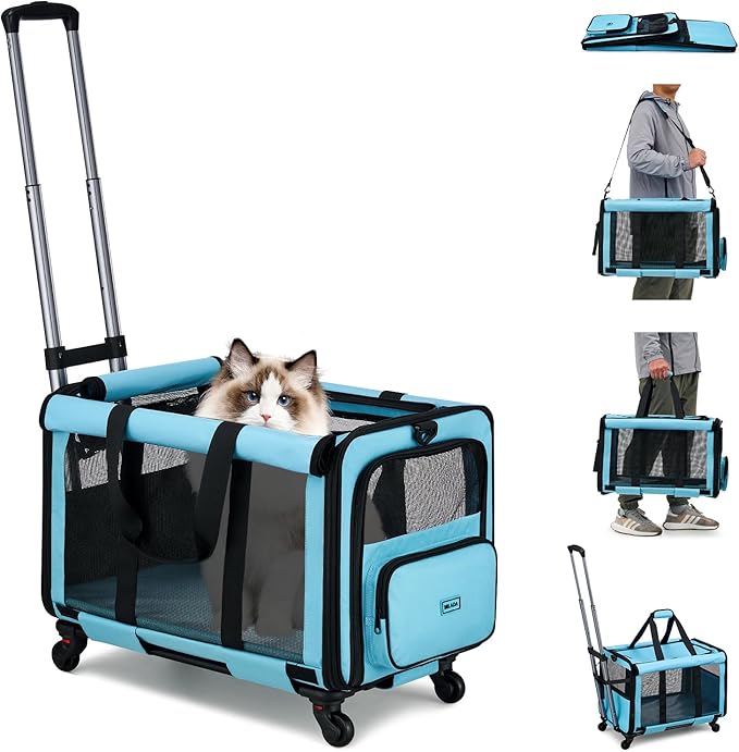 MILADA Extra Large Cat Carrier with Wheels for Big Cats & Small Dogs Soft Sided Rolling Pet Carrier Detachable XL Cat Stroller for Travel, Hiking, Vet & Hospital Use, Blue