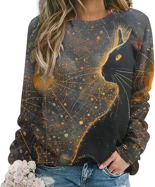 Biacolum Long Sleeve Shirts for Women Mid Century Retro Style Atomic Cat 3D Graphic Sweatshirts Fall Crewneck Pullover Top