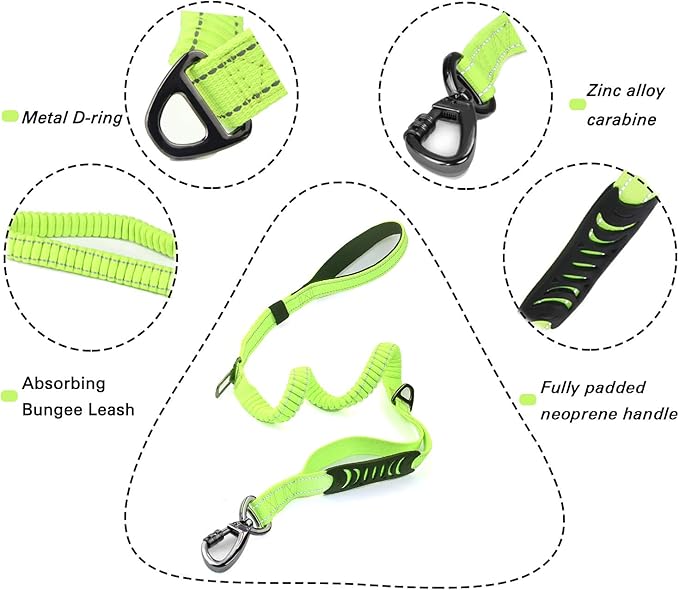 Heavy Duty Dog Leash Especially for Large Dogs Up to 150lbs, 4 Ft Reflective Dog Walking Training Shock Absorbing Bungee Leash with Car Seat Belt Buckle, 2 Padded Traffic Handle for Extra Control