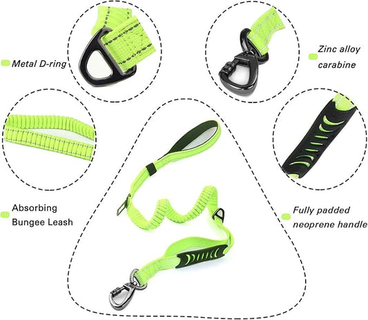 Heavy Duty Dog Leash Especially for Large Dogs Up to 150lbs, 4 Ft Reflective Dog Walking Training Shock Absorbing Bungee Leash with Car Seat Belt Buckle, 2 Padded Traffic Handle for Extra Control