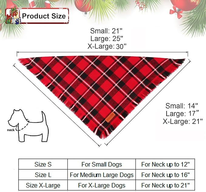PTDECOR Christmas Dog Bandanas with Tassels Edges, 2 Pack Stylish Red Green Plaid Scarf Bibs, Premium Cotton Fabric, Reversible Triangle Christmas Bandanas for Small Dogs Puppies Cats(Small)
