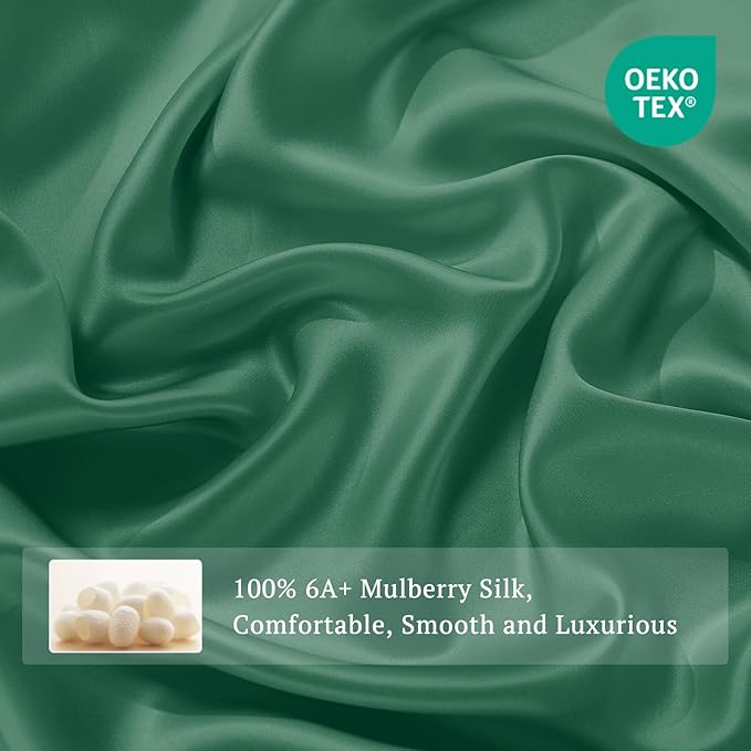 THXSILK Silk Sheet Set 4Pcs, 6A+ Top Grade 100% Natural Mulberry Silk Bed Sheets, Luxury Bedding Sets Ultra Soft Durable, 1 Fitted Sheet, 1 Flat Sheet and 2 Pillow Shams (King, Emerald Green)