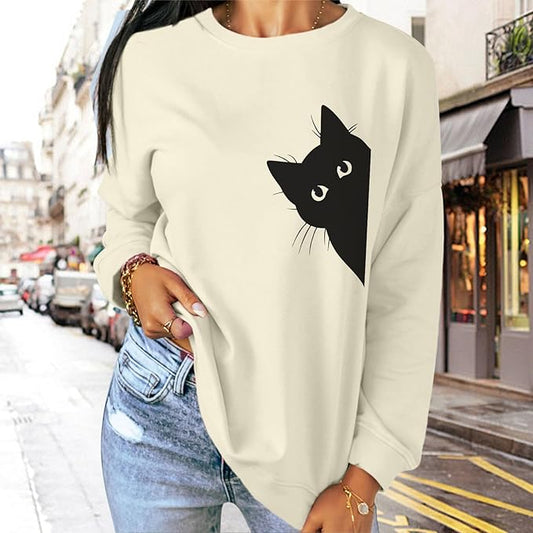Cat Sweatshirts for Women Graphic Print Sweatshirt Funny Long Sleeve Shirt Cute Pullover Lightweight Hoodie Tops