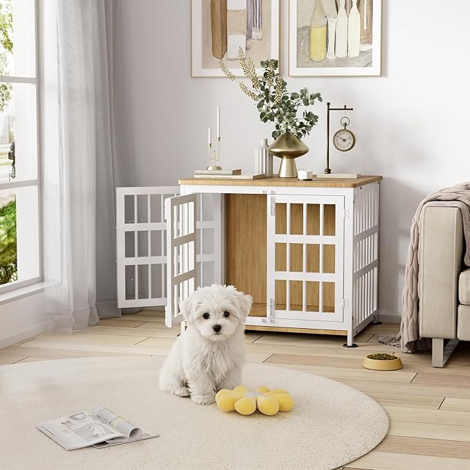 26" Dog Crate Furniture for Small Dogs, Heavy Duty Dog Cage for Small & Medium Dogs with Wheels, Indoor Puppy Crate, 26.6"L x 20.9"W x 23.8"H, Decorate House as TV Stand, End Table — Natural and White