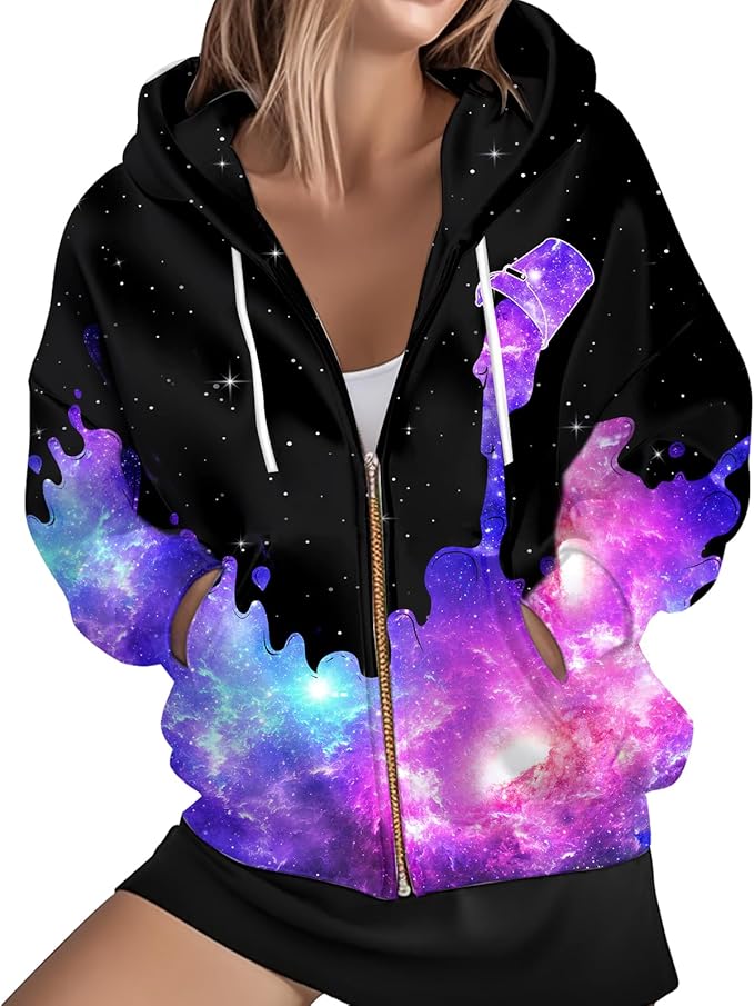 Women's Zip Front Plaid Sweatshirts Print Hoodie Fall Jackets Long Sleeve Casual Drawstring Clothes