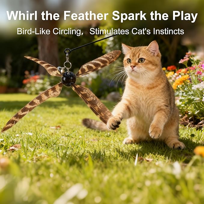 ottmat Cat Wand Toys Interactive for Indoor Cats, 4PC 4-Blade Feather Propeller Refills, 1PC Cat Wand 30'' Flexible Steel Wire Cat Teaser with Sturdy Wood Handle for Kittens & Adult Cats(Wild)