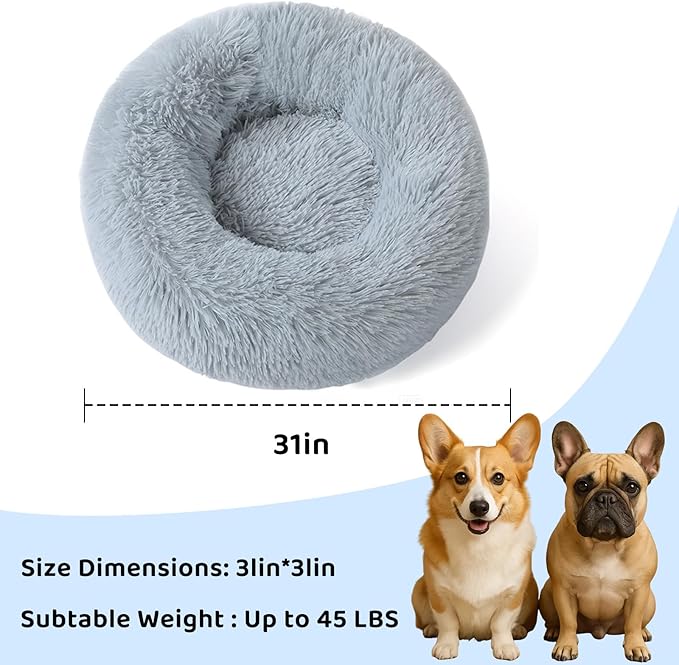 Medium Dog Donut Pet Bed, Round Soft Cat Cuddler for Calming, Anti-Anxiety Cozy Sofa, Fluffy Faux Fur Plush Cushion-31''-Grey