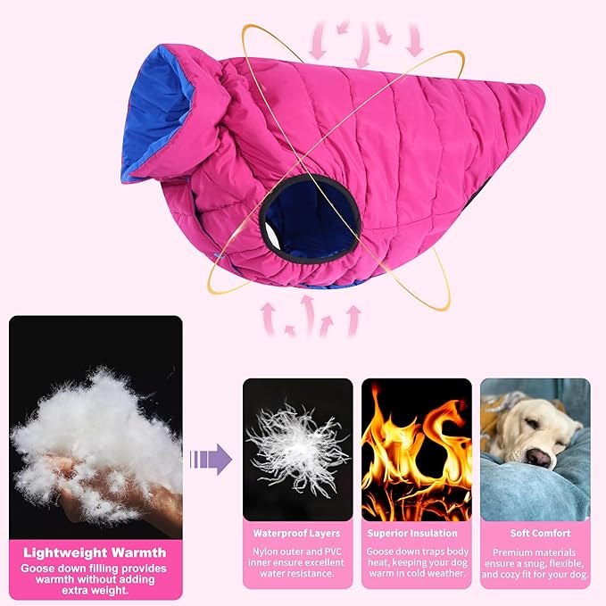 LovinPet Reversible Dog Puffer Coat for Medium & Large Dogs, Down‑Insulated Winter Jacket, Water‑Resistant & Wind‑Resistant, Anti‑Static, Dual-Sided Blue & Red for Cold Weather, 3XL