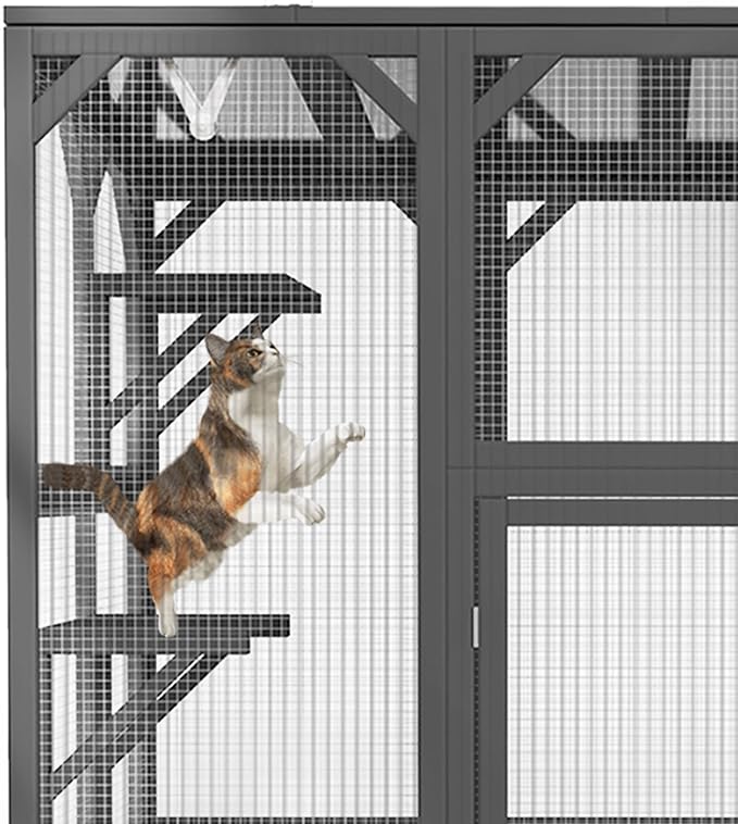 Ball & Cast 59" Wooden Catio Enclosure Outdoor Cat House with Anti-UV& Waterproof, Platforms and Resting Boxes Walk-in Cat Kennel Shelter for Indoor,Dark Grey