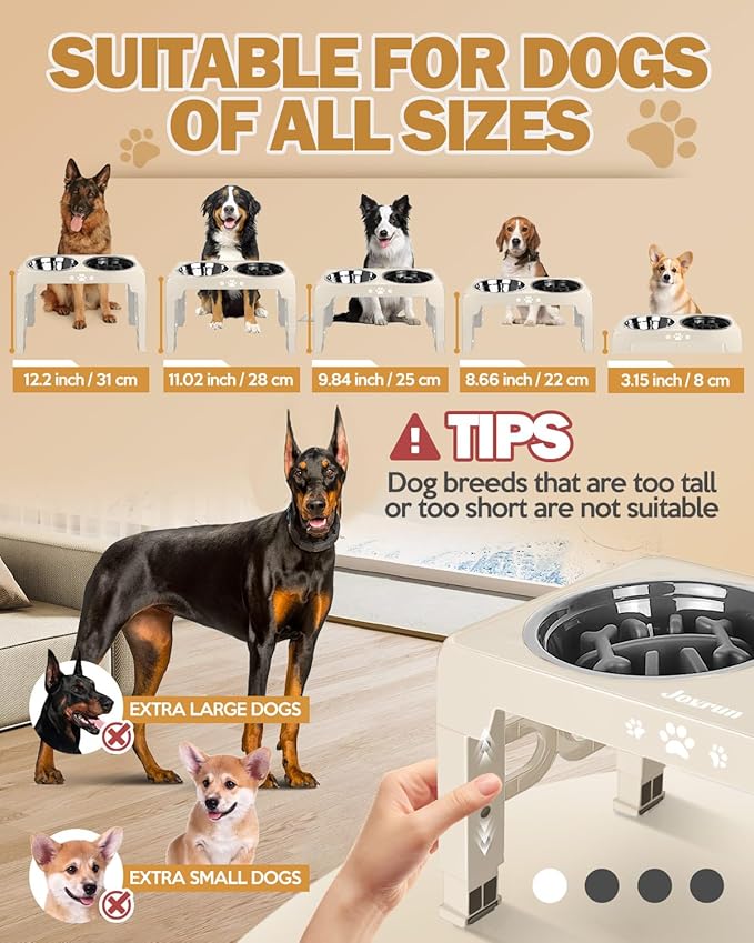 Elevated Dog Bowls, Dog Feeder with Stainless Steel Dishes & Slow Feeder Bowl, 5 Heights Adjustable Raised Stand for Medium Large, Food Dishes with Non-Slip Feet