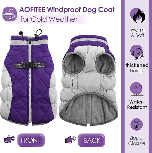 AOFITEE Dog Coat, Warm Dog Winter Coat, Reflective Cold Weather Dogs Puffer Jacket with Harness Built in, Waterproof Pet Fleece Vest Snowsuit for Small Medium Large Dogs, Purple L