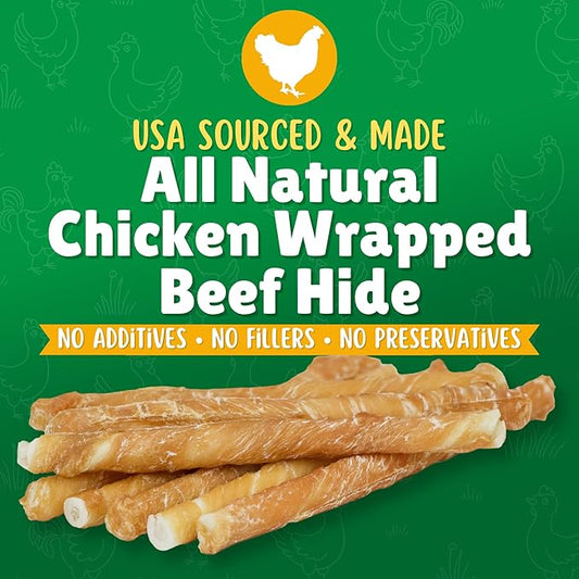 Chicken Wrapped Rawhide Dog Treats – 40ct. Rawhide Chew Sticks – Long Lasting Chews for Small Dogs Made in The USA with Natural Chicken and Beef Hide
