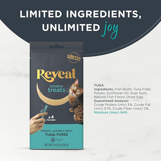 Reveal Natural Lickable Purée Cat Treats, Grain Free and Made with Limited Ingredients, Tuna Recipe Squeeze Up Cat Treats (40 x 0.5 oz Pouches)