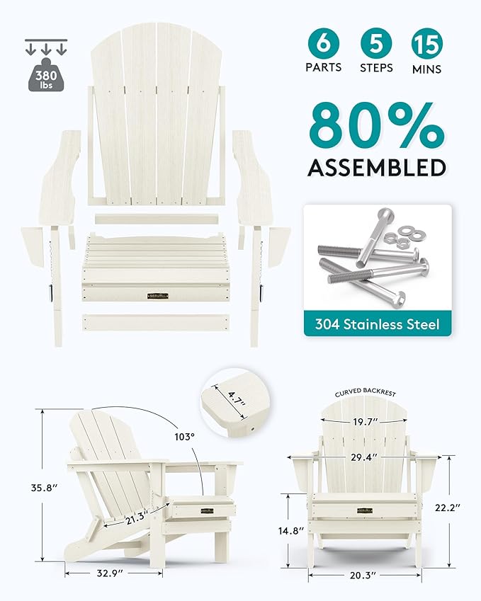 SERWALL Folding Adirondack Chair Set of 2, All Weather Patio Chair with Wood Texture, Fire Pit Chairs for Outdoor - White