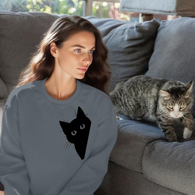 Cat Sweatshirts for Women Graphic Print Sweatshirt Funny Long Sleeve Shirt Cute Pullover Lightweight Hoodie Tops