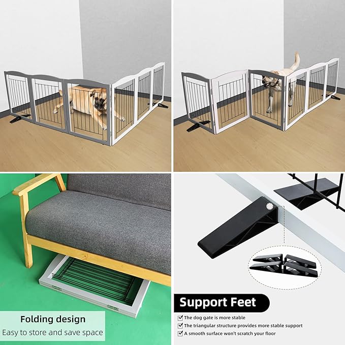 ZJSF Freestanding Dog Fence Indoor, Foldable Dog Gate for Doorways, Stairs or Hallways, Sturdy Wood Extra Wide Pet Gate with Support Feet for The House, Grey, 32 "Height-6 Panels