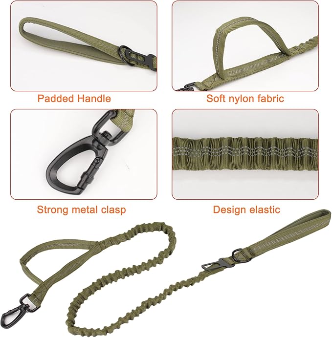 KCUCOP Heavy Duty Tactical Dog Collar and Leash Set, Military Training Nylon Reflective Collar with Handle Metal Buckle for Medium Large Dogs, Green, L (1 Patch Included)