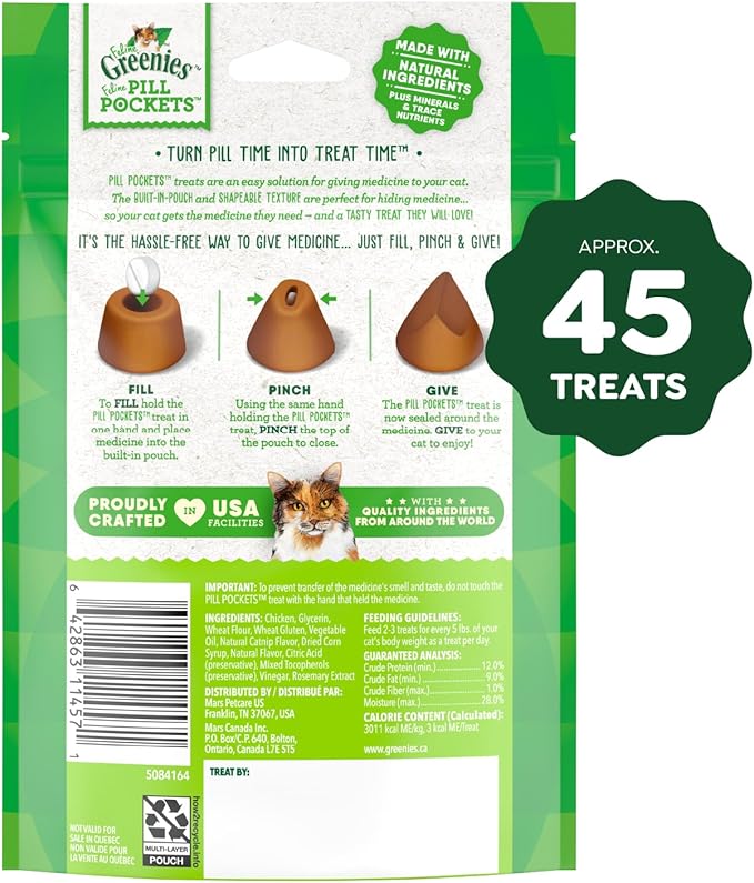Greenies Feline Pill Pockets for Cats Natural Soft Cat Treats, Catnip Flavor, 1.6 oz. Pouch (45 Treats)