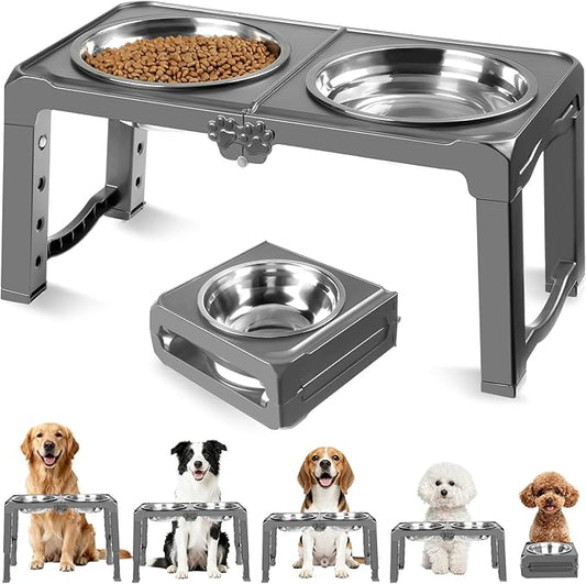 Elevated Dog Bowls with 2 Thick 50oz Stainless Steel Food Bowls, Raised Stand Adjusts to 5 Heights(3.9", 8.8", 10.4", 11.9", 13.4") for Medium and Small Dogs, Grey