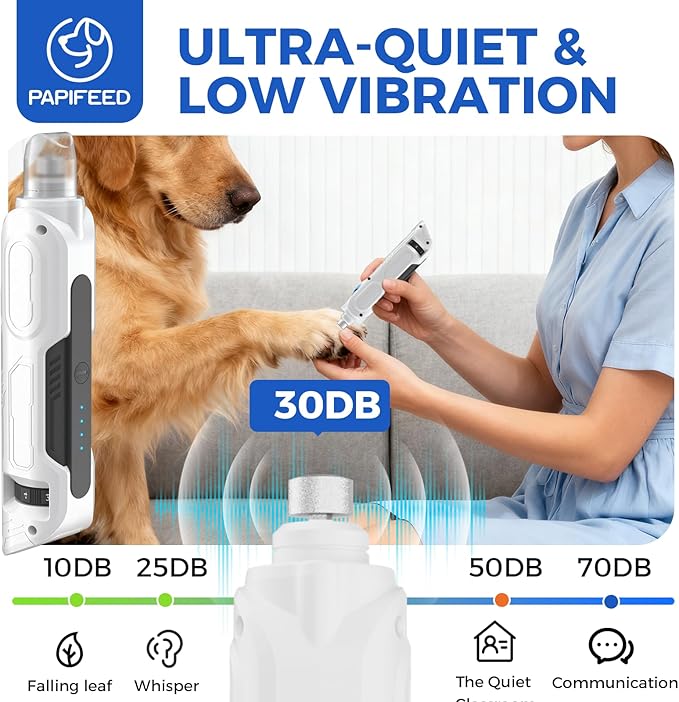 PAPIFEED High Torque Dog Nail Grinder Quiet - 6-Speed Adjustable Dog Nail Trimmers with 2 LED Lights & Dust-Proof Cover, Powerful Motor for Large/Medium/Small Dogs & Cats, Rechargeable - White