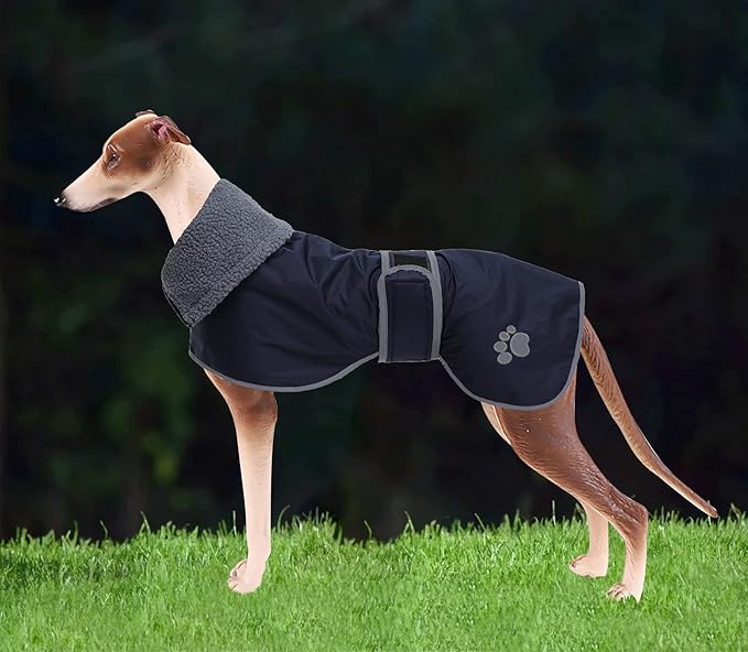 Geyecete Dog Winter Coat Greyhound Raincoat Fabric with Lamb Velvet Inside Outdoor Dog Apparel with Adjustable Bands for Medium, Large Dog-Navy-M