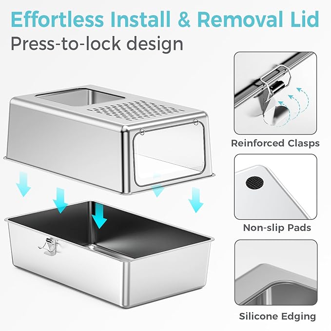 Petinstinct Large Enclosed Stainless Steel Litter Box with Lid, 19.7"x13.8"x13.8" High Sided Metal Cat Litter Box for Indoor Cats, Covered Dog Proof Kitty Litter Pan, Odor Free Tray, Non Sticky, L