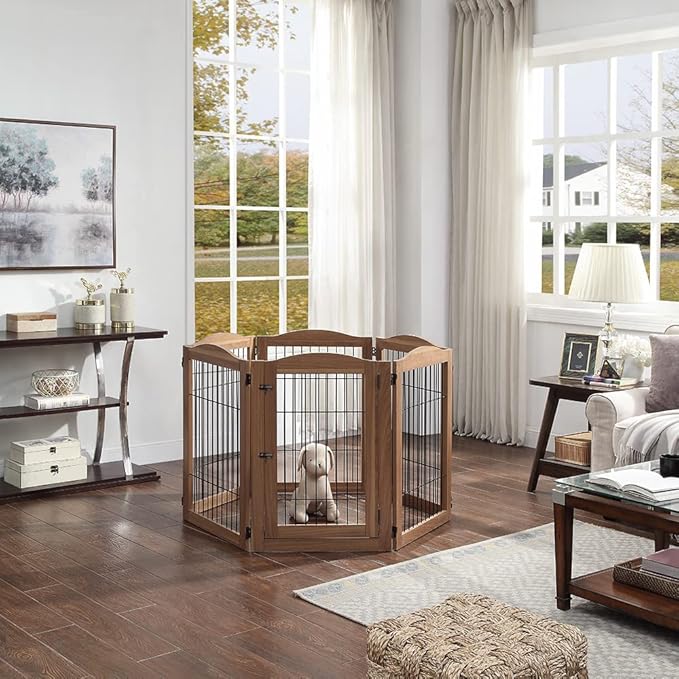 unipaws Pet Playpen with Wood and Wire, 6 Panels Extra Wide Freestanding Walk Through Dog Gate with 5 Support Feet, Foldable Stairs Barrier Pet Exercise Pen for Dogs Cats