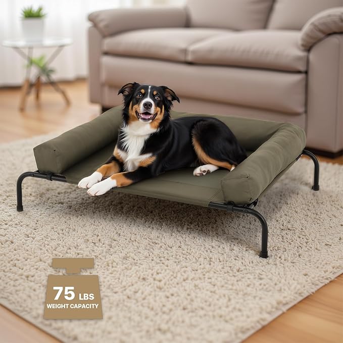 Athena Collection Outdoor Elevated Dog Bed with Removable Bolsters, 42 Inches Raised Dog Cot Washable with Metal Frame Non-Slip Feet for Medium Size Dog, Green