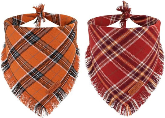 PTDECOR Fall Dog Bandanas with Tassels Edges, Orange and Brown Plaid Scarf Bib, Halloween Thanksgiving Autumn Pet Bandana, Reversible Triangle Bandanas for Small Dogs Puppies Cats(Small)